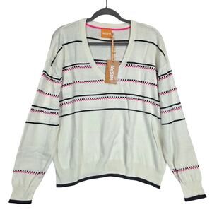Brodie WISPR Oversized V-Neck Sweater XL Cream Black Pink Stripe NWT Cozy Preppy